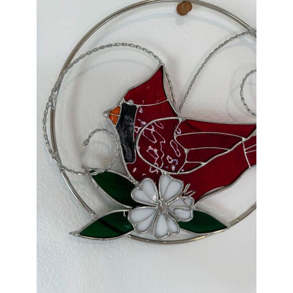 Handmade Stained Glass Cardinal Red Bird Metal Circle Decor Accent - Picture 7 of 7
